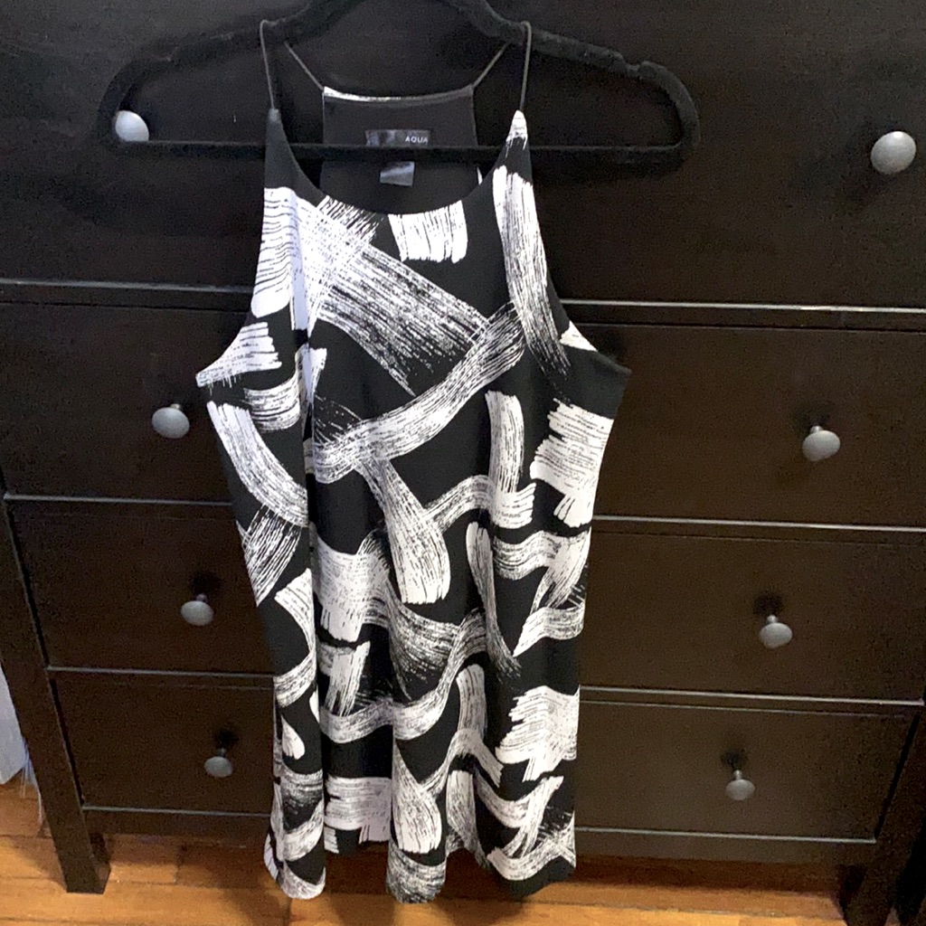 Aqua Black And White Brush Stroke Mini Dress, L